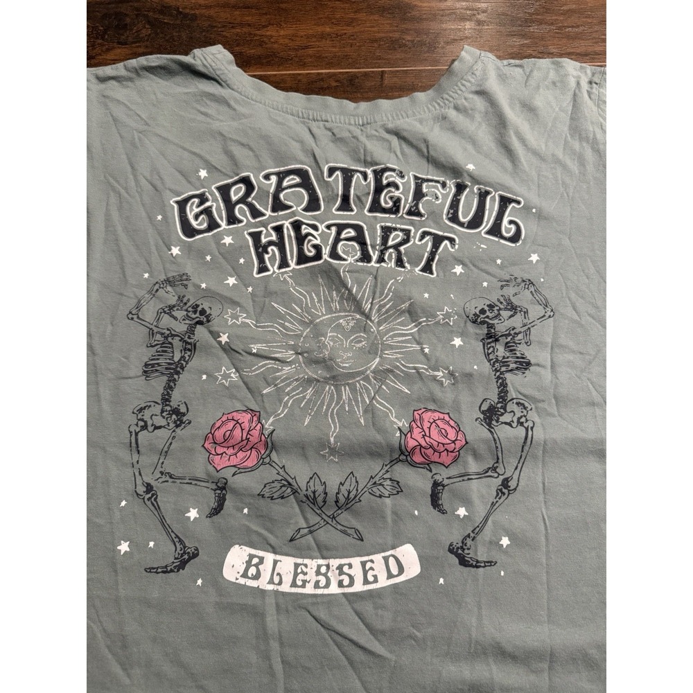 Grateful Heart Blessed Graphic T Shirt 3X Sage Green Boho Skull Skeleton Rose - Picture 5 of 7